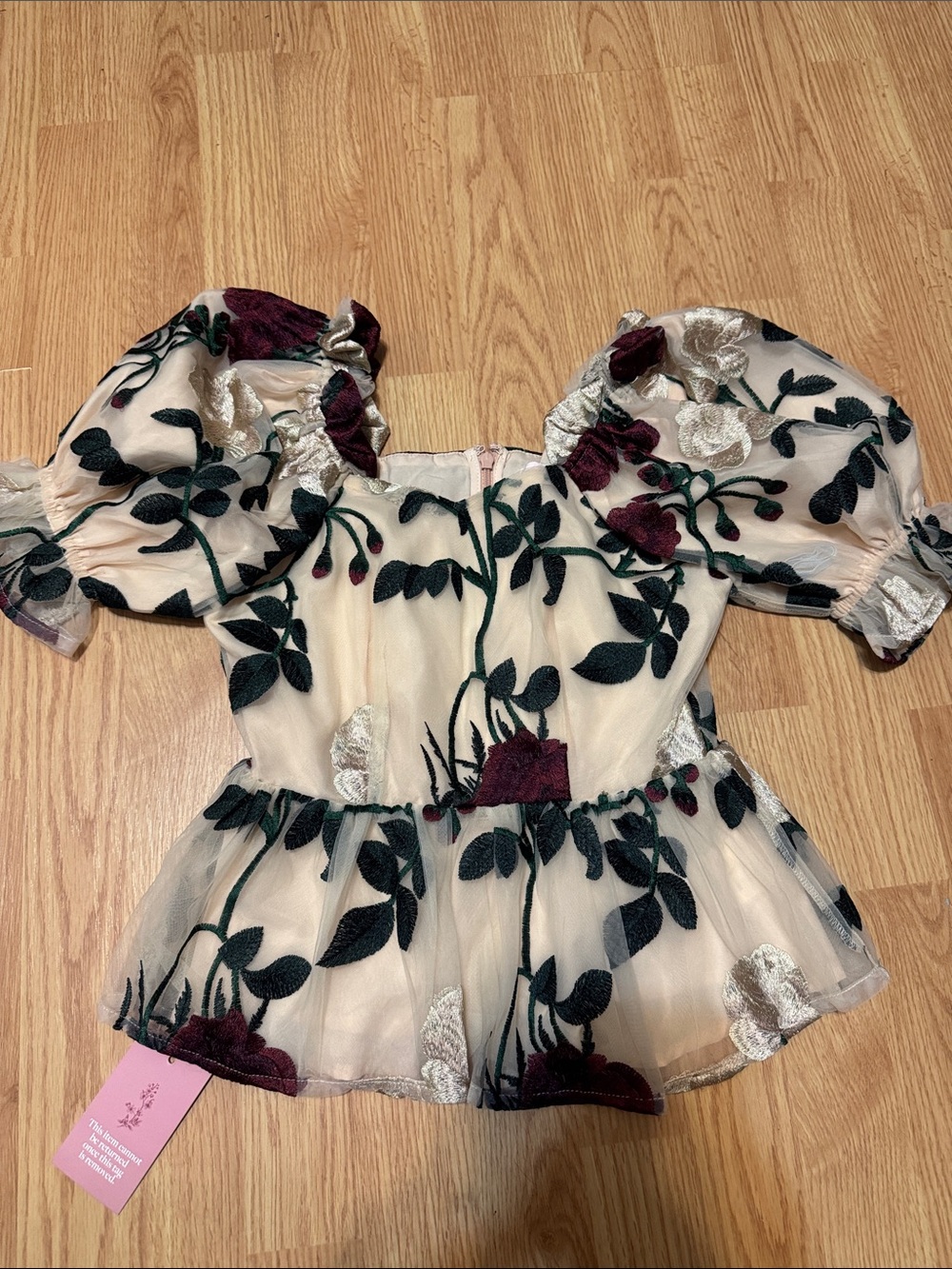 Sheer Floral Puff-Sleeve Peplum Top - Cream with Burgundy & Green Embroidery